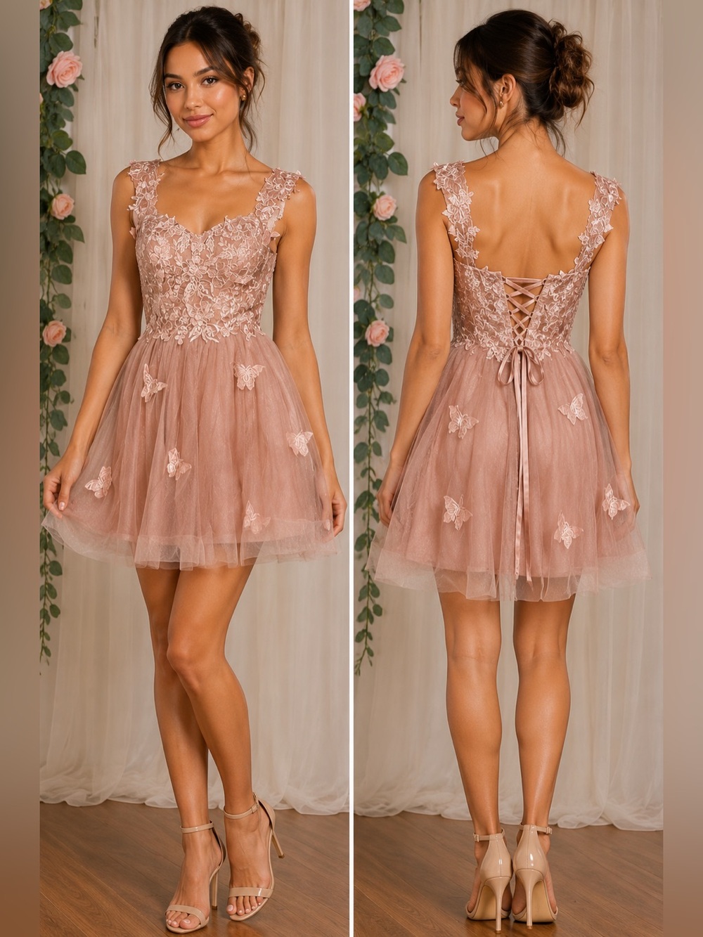 Blush Pink Lace Butterfly Corset Tulle Mini Dress Size 4